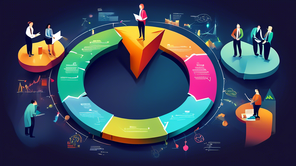 Illustration of a project management team collaboratively working around a large, glowing V-shaped cycle diagram, with icons representing different phases like planning, analysis, design, implementation, testing, and maintenance floating around the cycle.